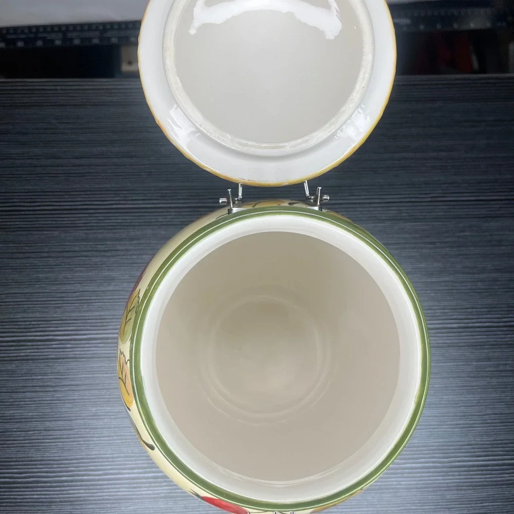 Gibson Everyday Kitchen Canister Hand Painted Fruit Ceramic Metal Clamp Lid 9in